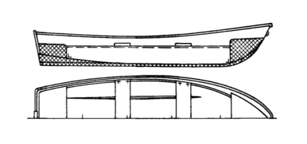 /> <p>Безнаборный корпус лодки выклеен из стеклопластика. Толщина обшивки 3,5 мм. Планширь, выполненный в виде фланца, закрыт поливинилхлоридным профилем. Жесткость обшивки обеспечивается уступами на бортах и гофрами на скулах. Поперечную жесткость создают четыре банки. Блоки пенопласта под банками обеспечивают непотопляемость. На 