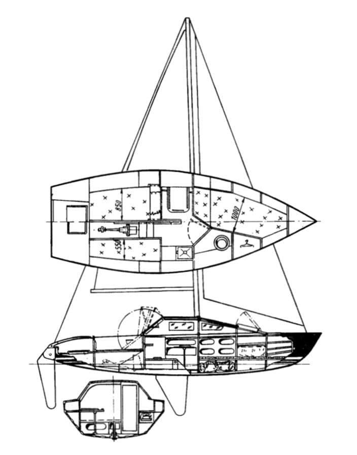 /> <p>Обшивка из водостойкой фанеры подкреплена продольным набором из сосновых реек, которые опираются на восемь поперечных рам, являющихся злементами внутреннего оборудования. Продольным набором служат также киль и усиленные стрингеры по линии скул. Кокпит сделан самоотливным.</p> <p>Рациональная планировка помещений (в частности, использование пространства под банками кокпита) позволила оборудовать на швертботе пять постоянных спальных мест: одно двуспальное в форпике и три — двуспальное и односпальное — в каюте. Высвобождению полезных объемов способствует смещение большей части швертового колодца под кокпит.</p> <p>Швертбот оснащен шлюпом с топовым вооружением, обслуживаемым малочисленным экипажем в длительном плавании. Предусмотрено устройство для закрутки стакселя вокруг штага.</p> <p><strong>